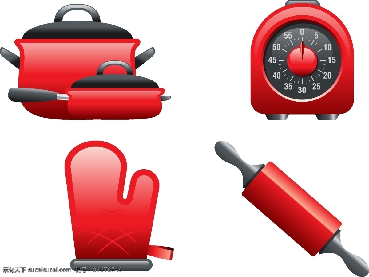 卡通 红色 厨具 矢量 元素 锅具 擀面杖 透明元素 ai元素 免抠元素