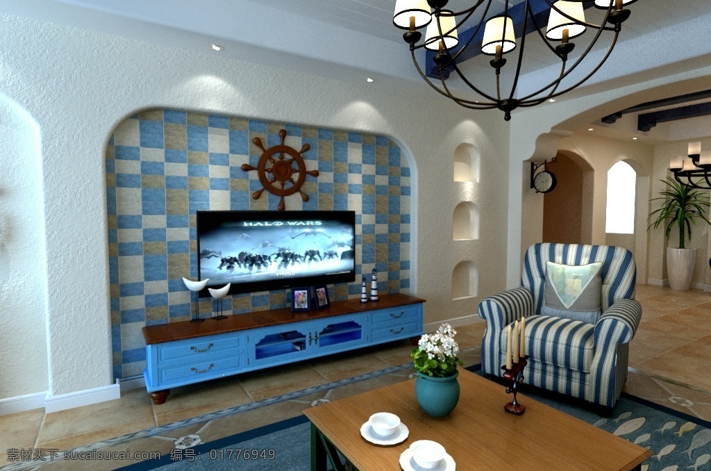 地中海 风格 客厅 效果图 蓝色 时尚 大气 浪漫 实用 舒适 轻奢 家装