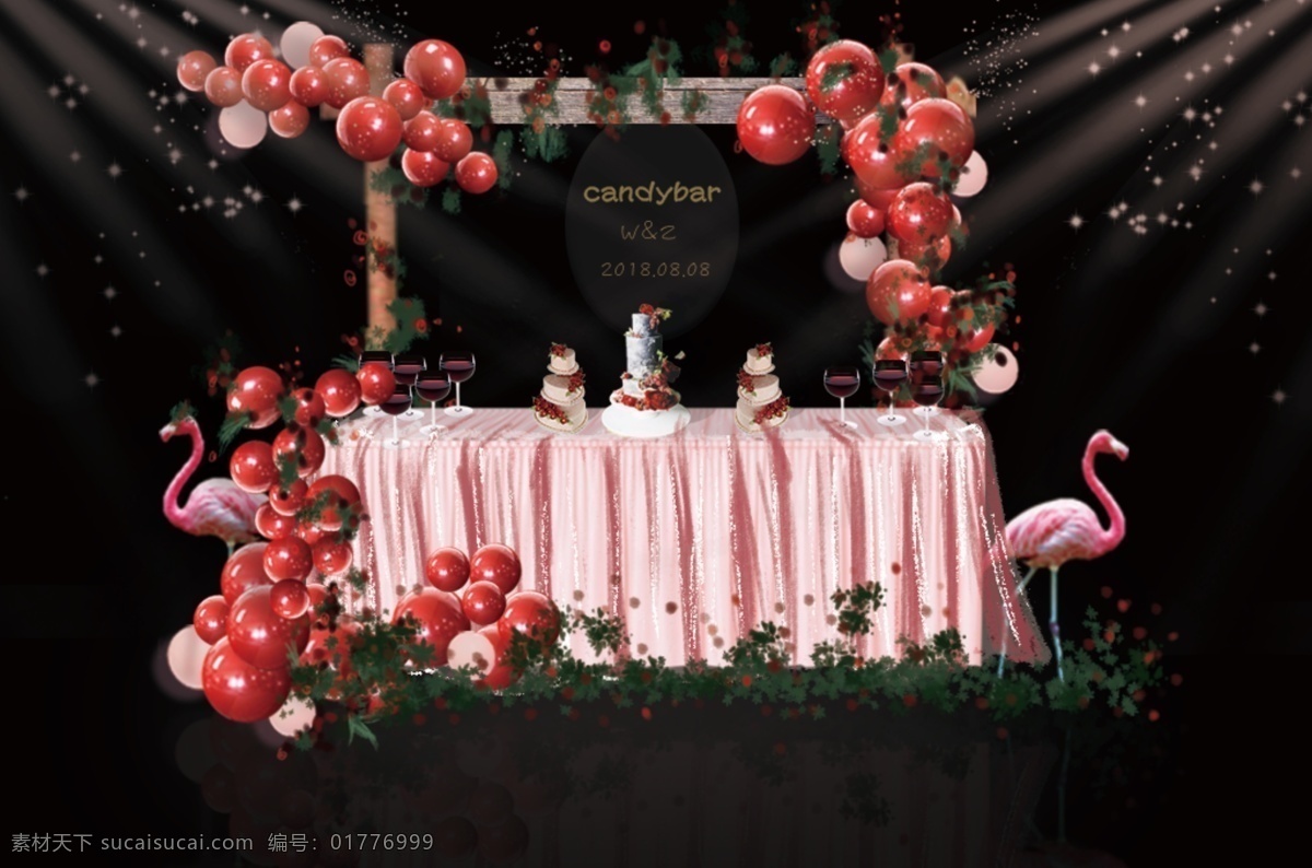 红色 户外 草坪婚礼 甜品 区 效果图 粉色气球 木头架子 气球造型 甜品台 红色婚礼 红色珠光气球 火恋鸟 红绿色花艺 红粉色纱裙