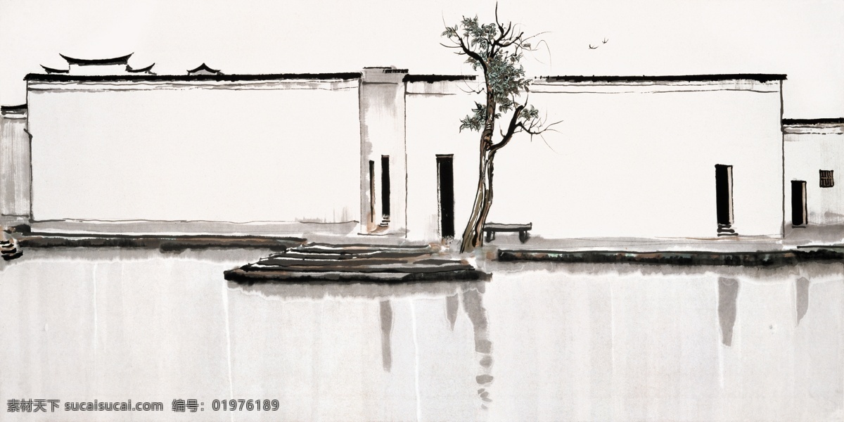国画鉴赏 双燕图 古厝 依山傍水 燕子 吴冠中作品 字画专辑 绘画书法 文化艺术