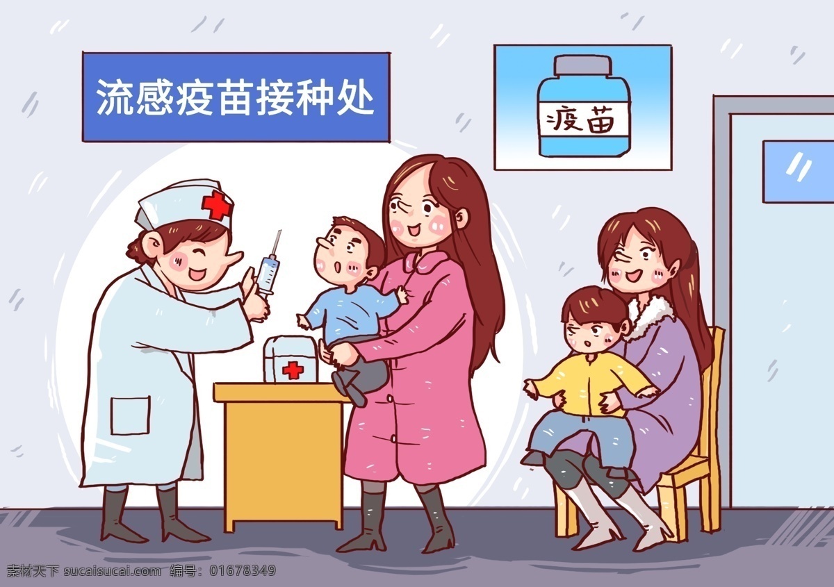 流感 疫苗 接种 处 新冠 疫情 医院 医生 儿童 护士 动漫动画 动漫人物
