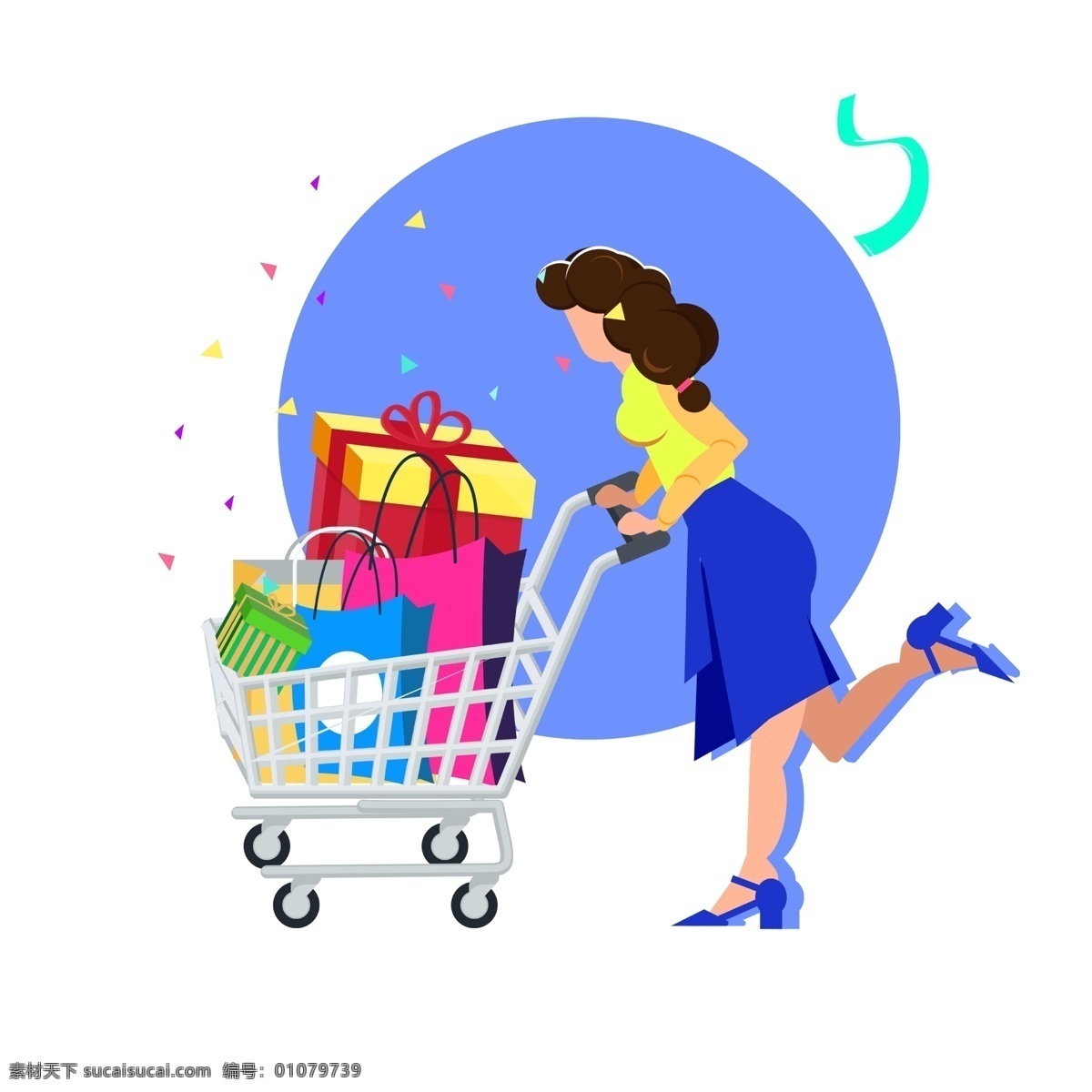 创意 卡通 女人 购物 购物袋 购物车 商品 商场 百货 手绘 礼物 车子