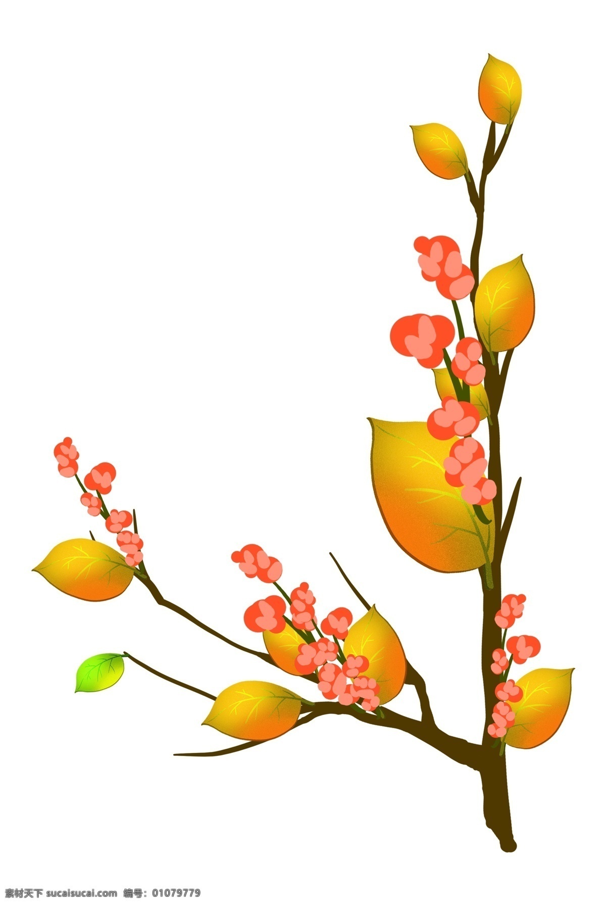漂亮 春天 花枝 插画 花儿 鲜花 盛开的花枝 红色小花 黄色叶子 植物 漂亮的花枝 春天花枝插画