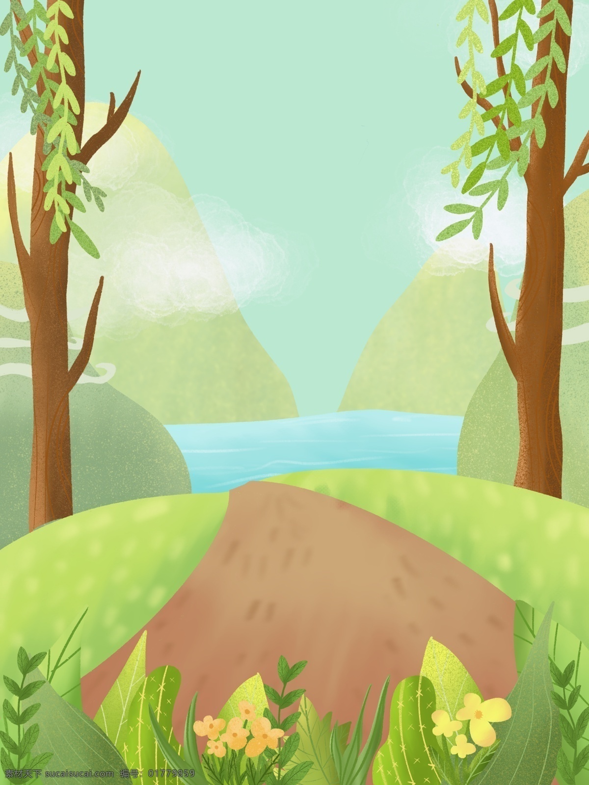 清新 彩绘 春季 树林 背景 景色插画背景 手绘背景 森系背景 树林背景 绿色背景 治愈系背景
