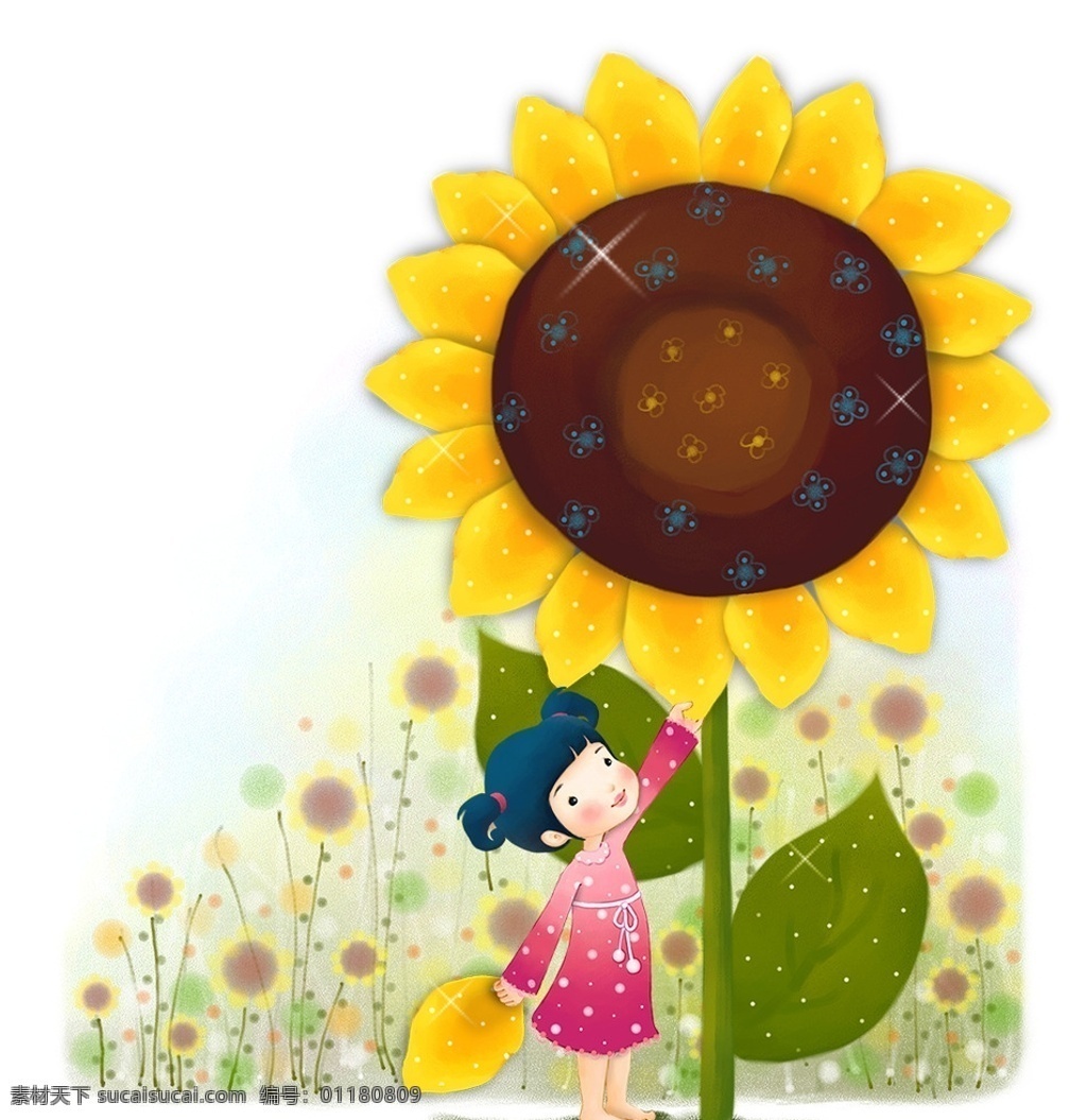 可爱 女孩 卡通画 手绘图 手绘卡通画 小女孩 手抓太阳花 花瓣 葵花 花草 动漫动画 动漫人物