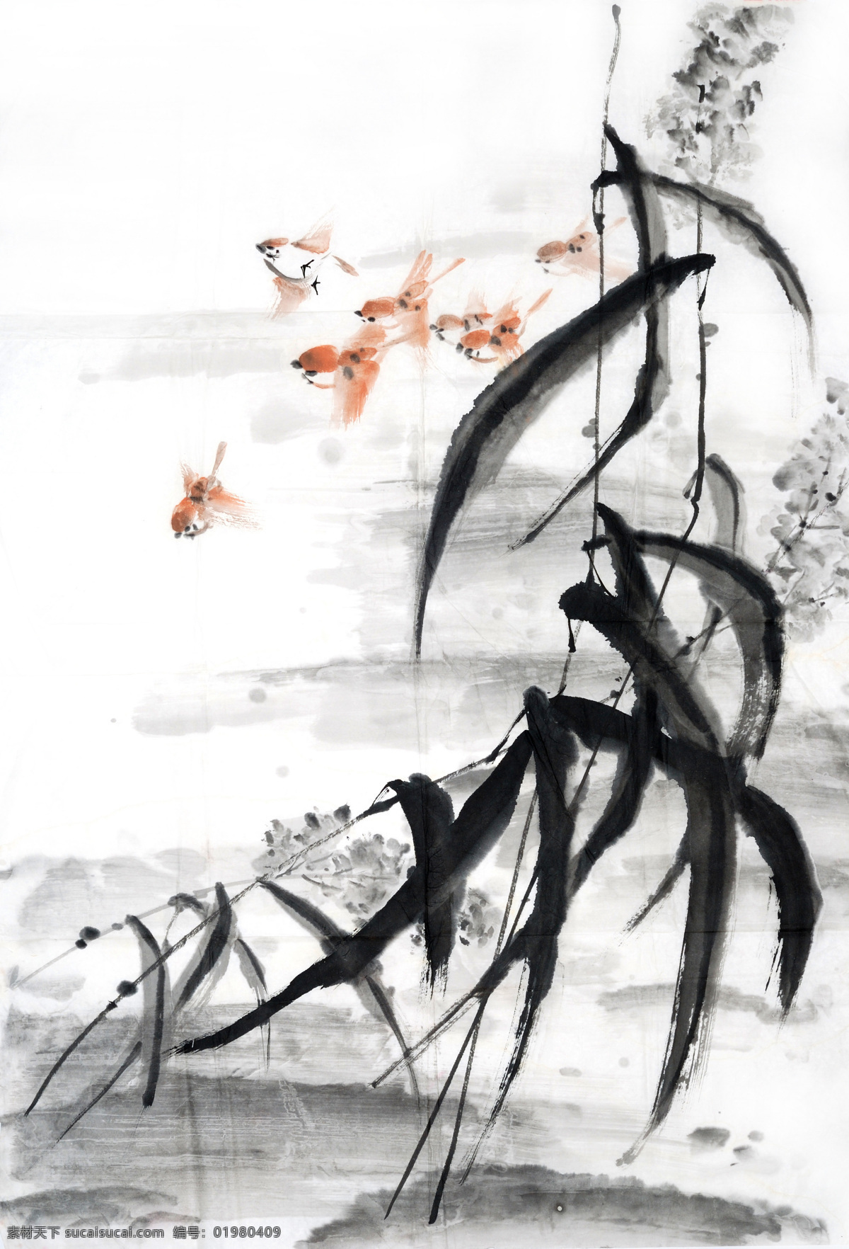水墨 池塘 里 金鱼 柳叶 水墨画 风景 河水 叶子 绿叶 中国风 高清图片 书画文字 文化艺术