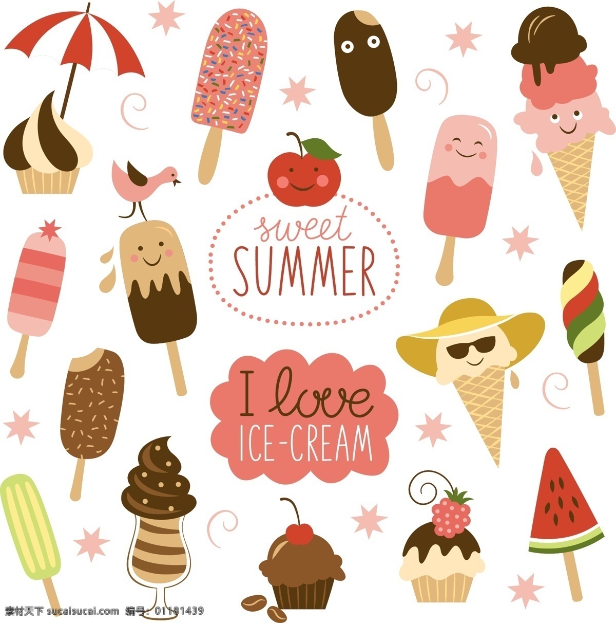 冰淇淋 无缝 背景图片 夏季 雪糕 雨伞 西瓜 巧克力蛋糕 矢量 高清图片