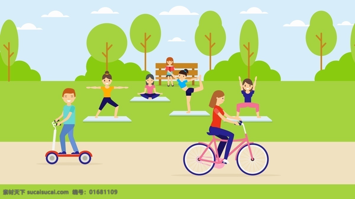 公园 里 户外运动 人们 树木 草地 夏日 夏季 运动 做瑜伽 读书 骑车 滑车 夏天 户外活动