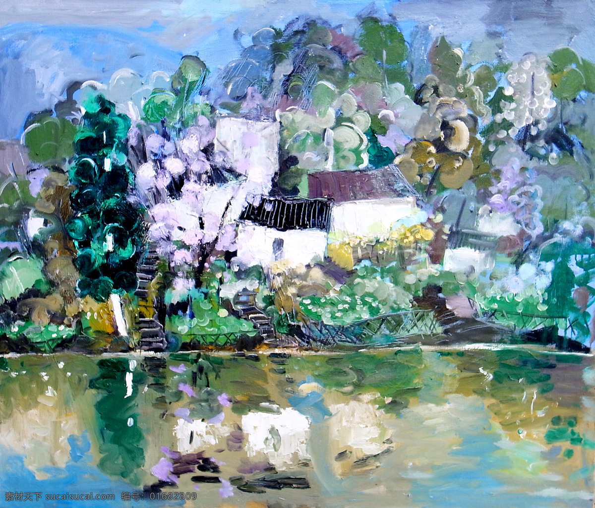 花开花落 美术 油画 风景 乡野 树木 花木 江流 房子 芬芳 国画艺术 油画作品34 绘画书法 文化艺术