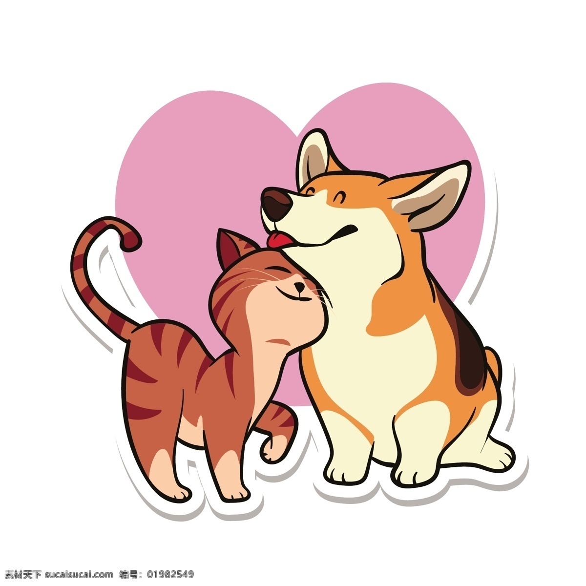 猫咪和柯基犬 可爱 猫 柯基 贴纸 狗 爱心 条纹 矢量图 矢量人物 矢量场景 动漫动画