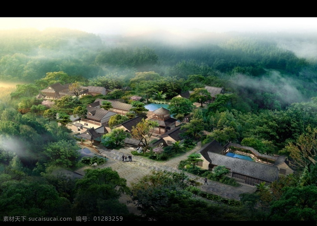 古建筑远景 园林景观 温泉景观 日式温泉 泳池景观 休闲度假景观 木屋 日式景观 汤池 汤屋 泡池 景石 游泳池 红枫 树林 人工湖 水景 茅草亭 景观效果图 环境设计 园林设计 景观设计