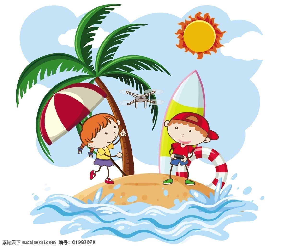 卡通夏天儿童 卡通夏天背景 快乐 儿童 夏天海边风景 夏天 海边 海水 沙滩 白云 夏季 矢量 风景 夏天素材 夏天背景 卡通设计