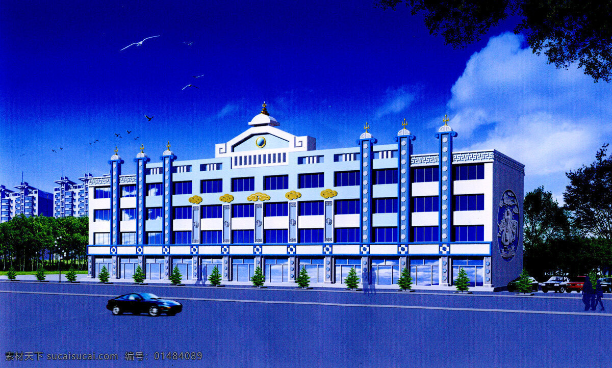 办公楼 大厦 飞鸟 环境设计 建筑设计 建筑外观 楼房 楼盘 楼盘设计 装饰设计 建筑造型 大楼外观 楼宇 商业建筑 特色建筑 艺术馆 树木 马路 汽车 天空 矢量图 建筑家居