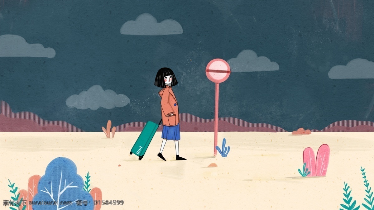 原创 插画 世界 旅游 日 个人 旅行 车站 小清新 可爱 沙漠 世界旅游日