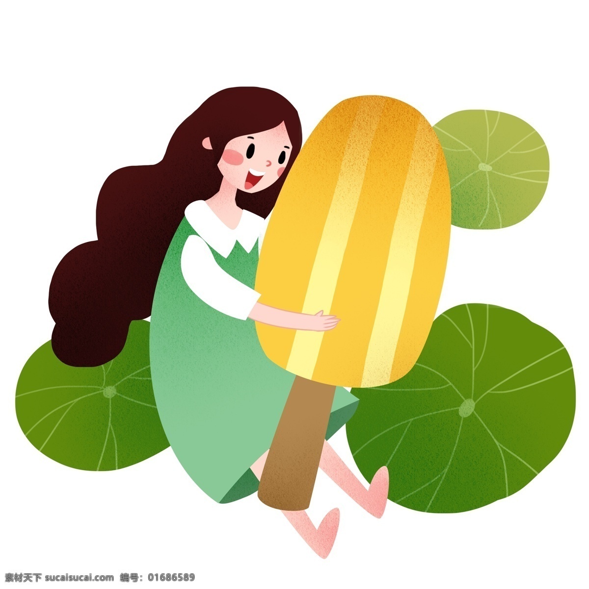 吃 冰淇淋 小女孩 立夏人物插画 吃冰淇淋女孩 黄色的冰淇淋 卡通人物 绿色的荷叶 植物装饰