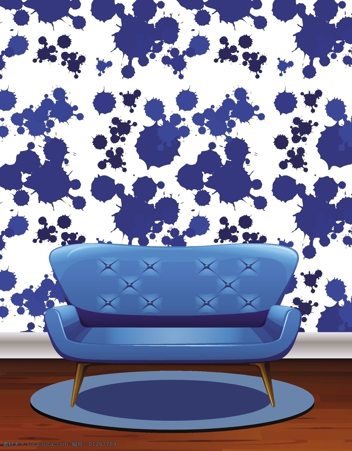 蓝色 沙发 飞溅 壁纸 插图 图案 模板 艺术 房间 装饰 绘画