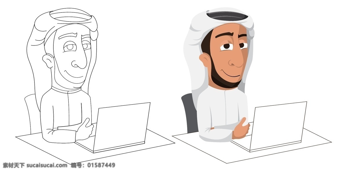 卡通 阿拉伯人 电脑 学习 卡通阿拉伯人 人物 矢量人物 卡通人物