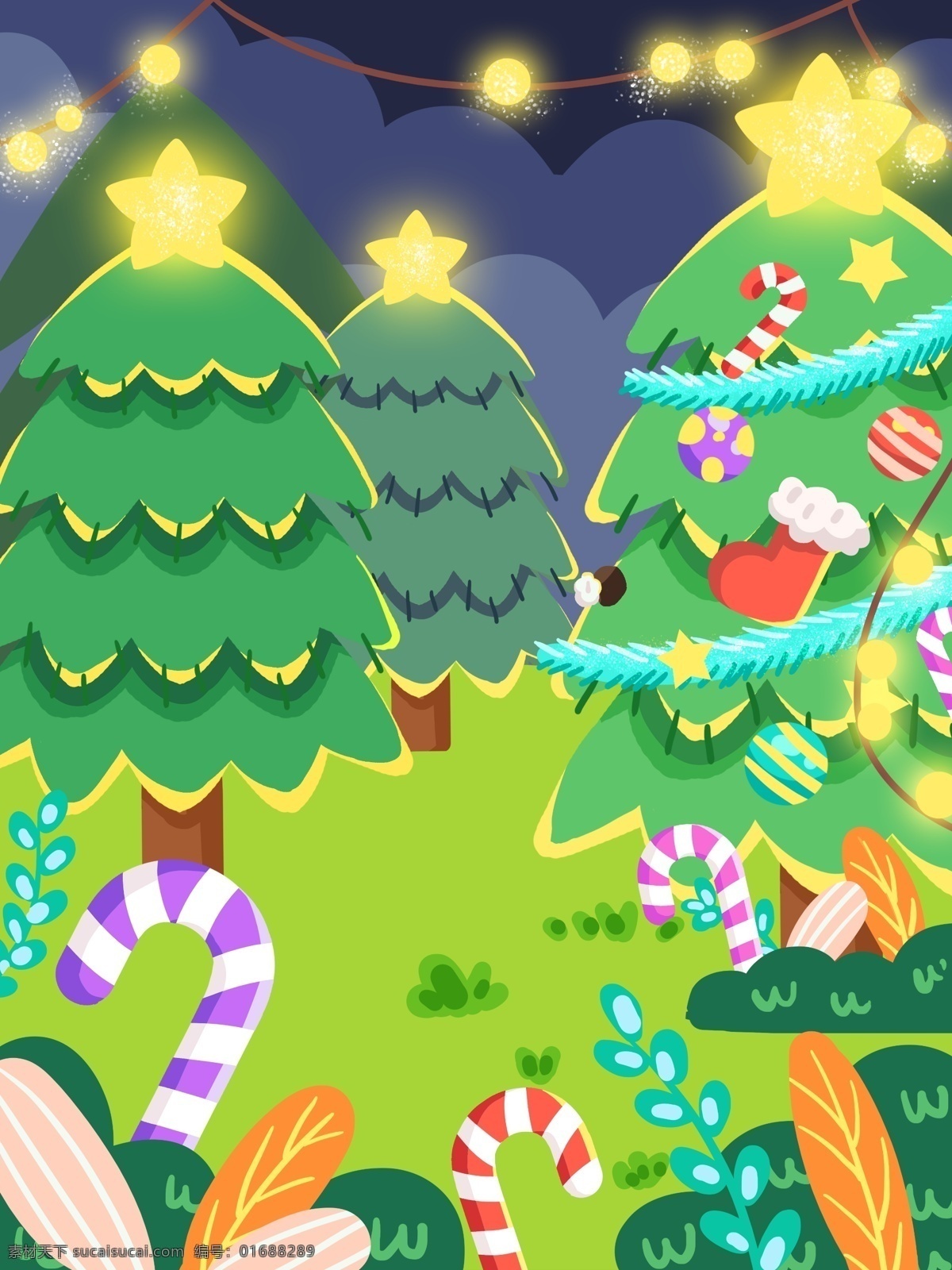 绿色 圣诞树 节日 背景 圣诞节 星星 拐杖 发光圣诞树 广告背景 彩绘背景 手绘背景 通用背景 促销背景 背景展板图 背景图 创意