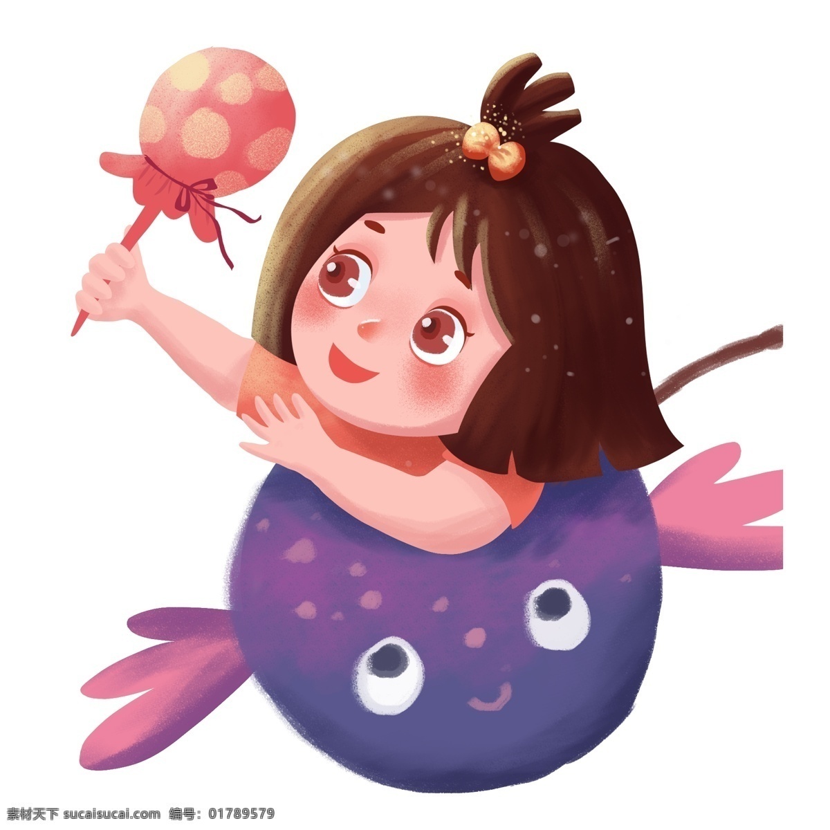 可爱 小女孩 气球 插画 紫色 绘画素材 创意 简约 小清新 水彩 装饰图案 文艺 卡通
