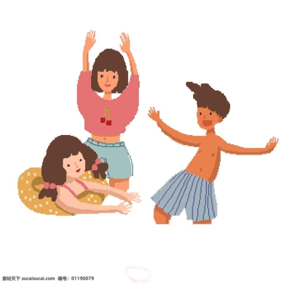 手绘 三个 小孩 像素 化 商用 元素 男孩 女孩 人物设计 psd素材 像素化 儿童