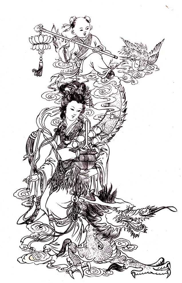 瑶池赴会 工笔白描 国画 绘画 线描 仕女 神话 民间故事 传统文化 文化艺术