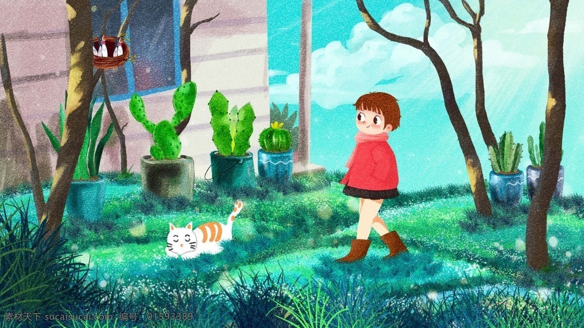 唯美 清新 月 你好 女孩 玩耍 早安 插画 电商 猫 房子 海报 手机配图 1月你好 早安你好