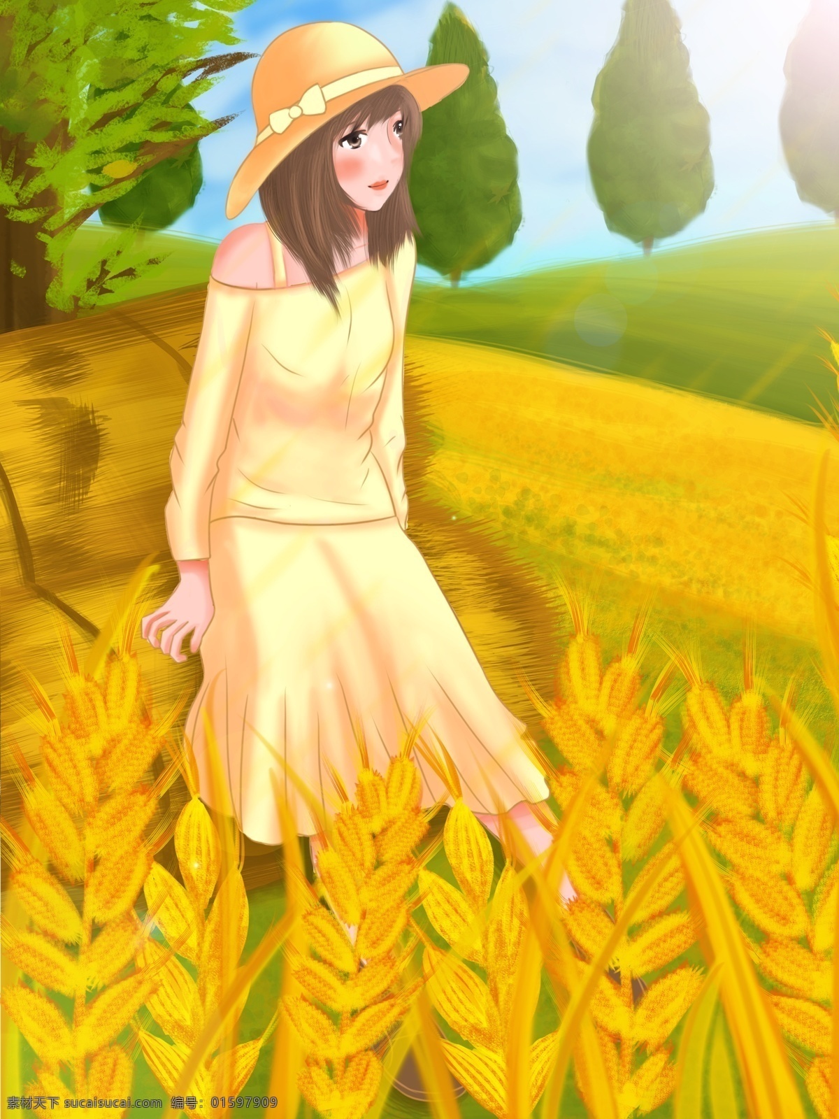 原创 手绘 插画 小满 女孩 坐在 稻田 里 晒太阳 原创手绘插画 田 阳光 蓝天白云 树