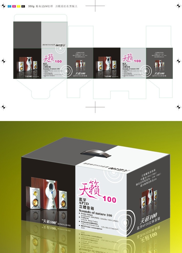 音箱包装盒 注无效果图 包装盒 彩盒 高档包装盒 质感音箱 动感包装盒 展开图 效果图 刀模图 包装设计 矢量