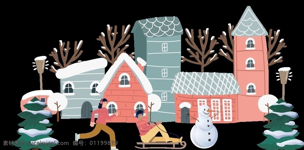 冬天图片 冬天 插画 手绘 雪人 房子 简单