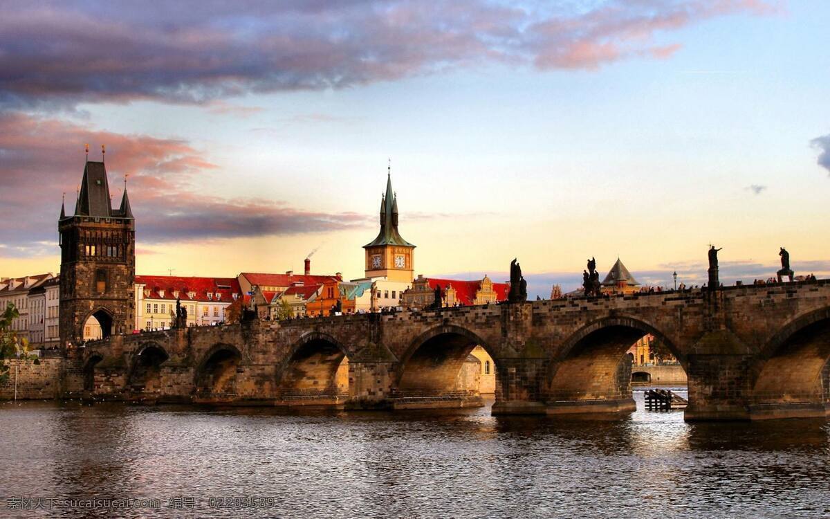 捷克 傍晚 城堡 风光 高清 背景 大桥 高清背景 河水 素材免费下载 背景图片