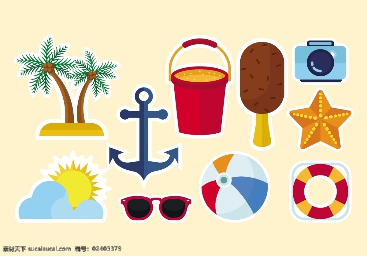 沙滩 度假旅游 矢量 椰子 椰子树 海盗钩 水桶 冰激凌 海星 太阳 眼镜 游泳圈 相机 矢量素材