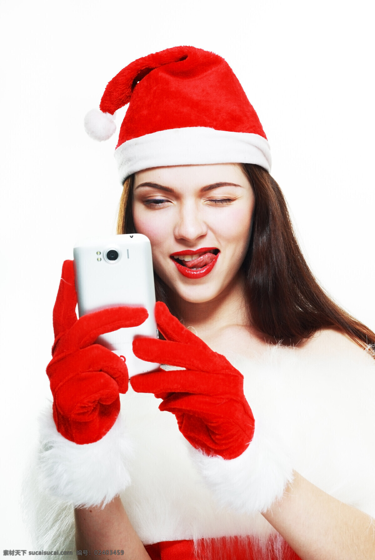 手机 圣诞 装 美女图片 拿着手机 圣诞装美女 长发美女 红色手套 外国人 生活人物 人物图片