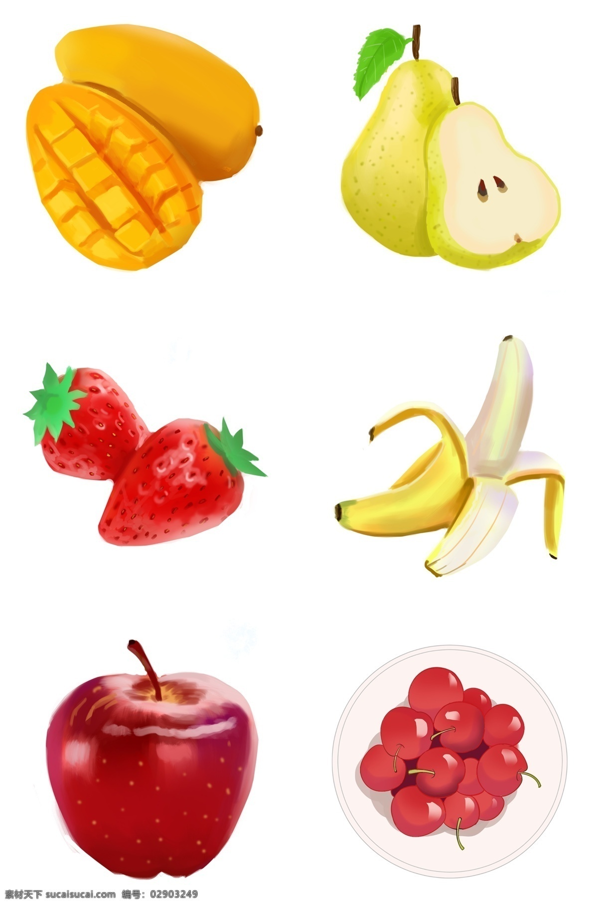 手绘 卡通 水果 系列 梨 草莓 芒果 香蕉苹果 樱桃 插画 卡通水果 手绘水果 夏日水果 新鲜水果 新鲜 香蕉 苹果 食物