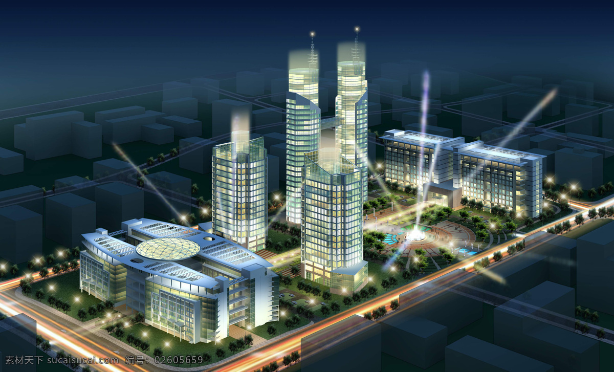 商业 广场 夜景 效果 草地 灯光效果 房屋 环境设计 建筑物 景观设计 路灯 马路 人物 树木 深蓝色天空 装饰素材 园林景观设计