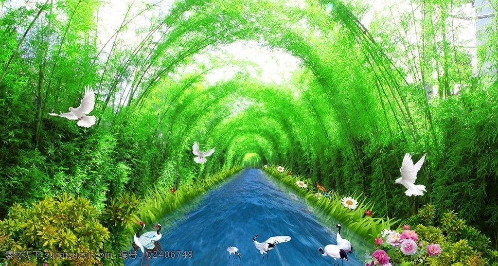 竹林背景 拱竹背景 河流 竹林 小路 绿色 展架 海报