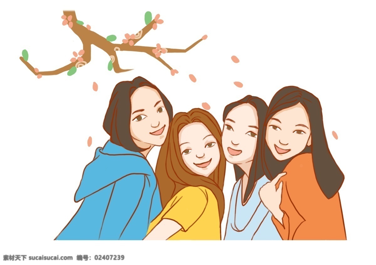 假期 朋友 组队 旅游 毕业旅游 四人 多人 板绘 女生 赏花 春游 休闲 女孩 闺蜜 出发