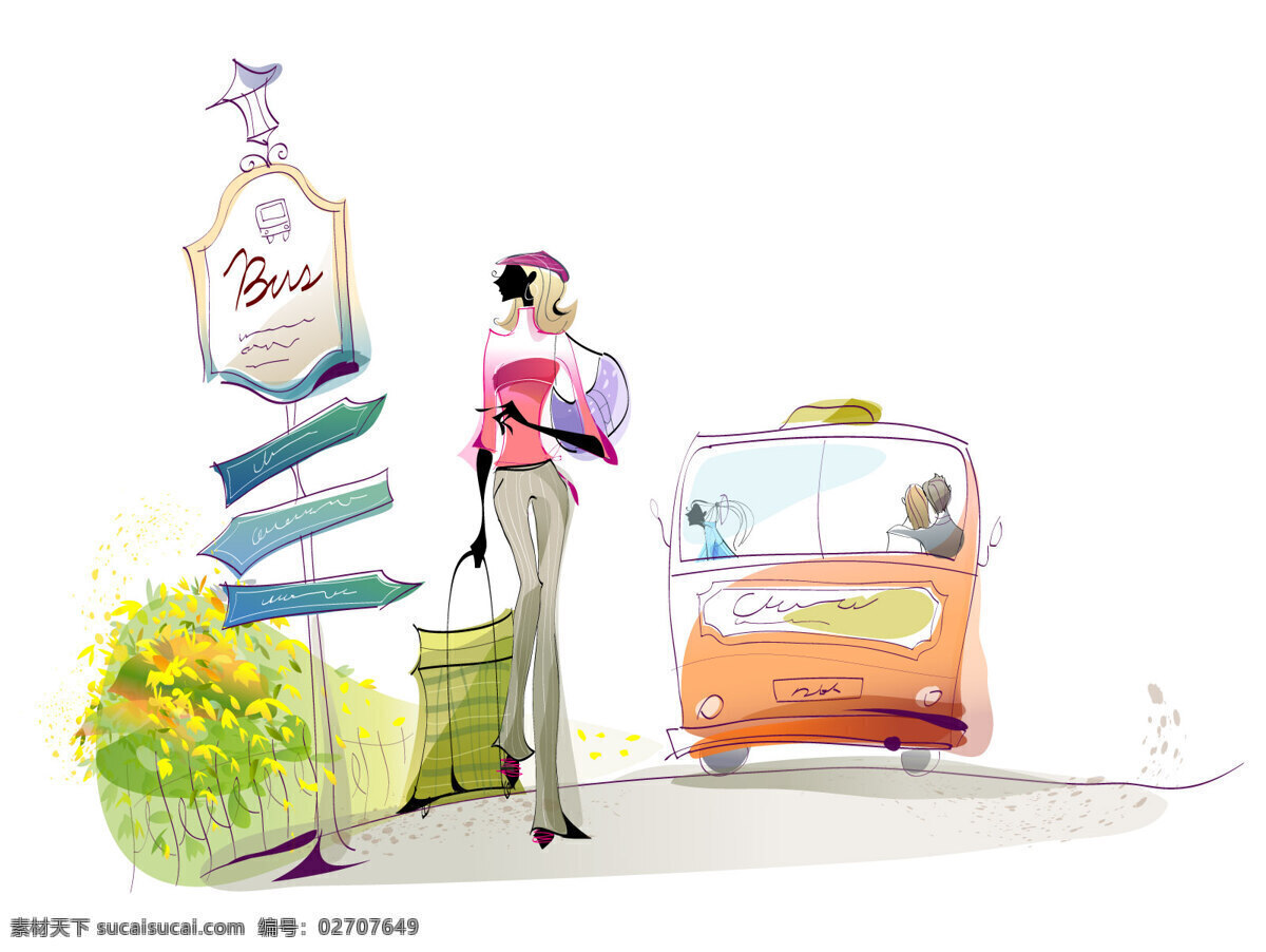 站牌 女性 车牌 车站 插画集
