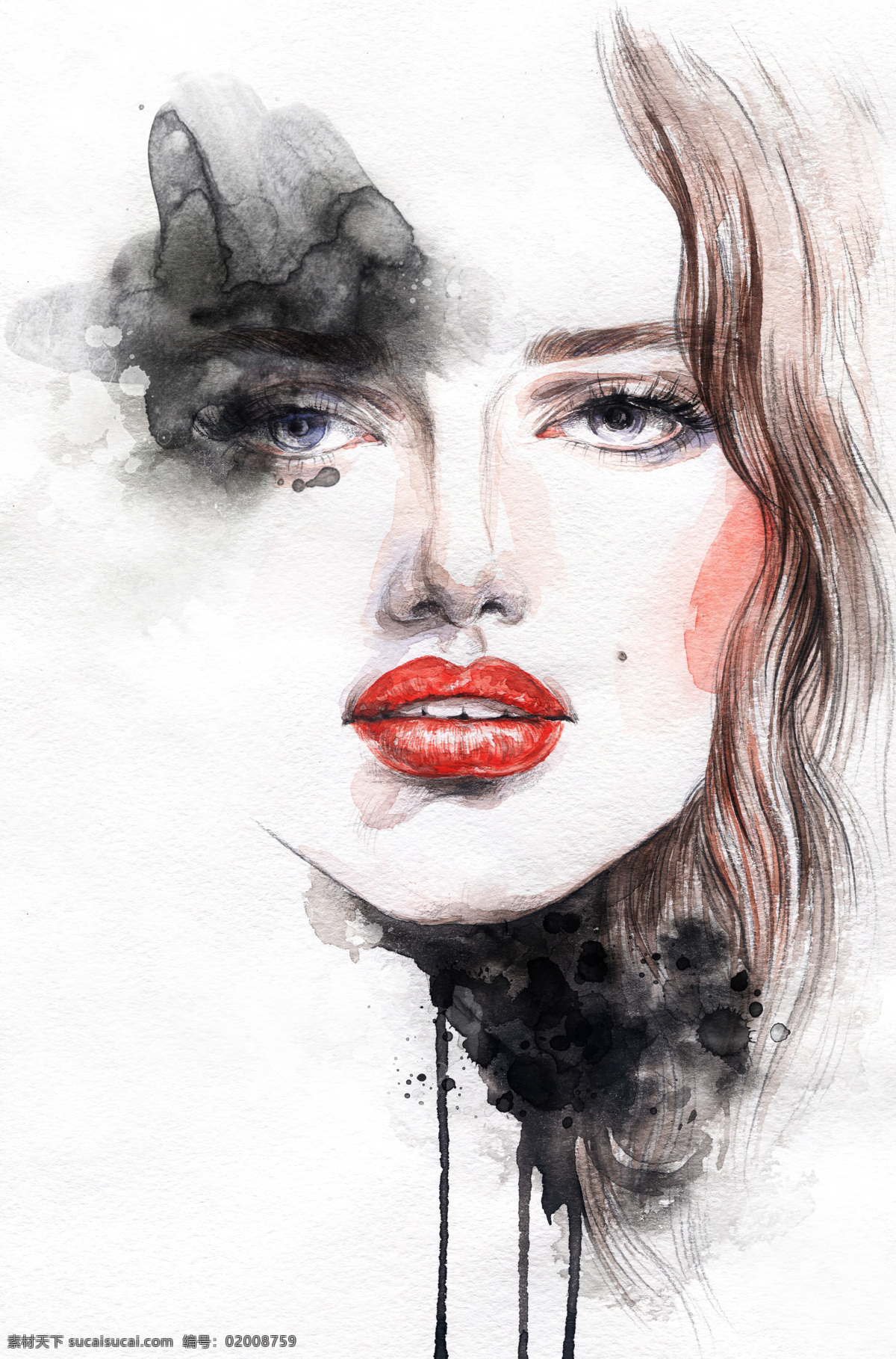 墨迹 水彩 女人 插画 水彩画 水彩美女插画 女性插画 插画女孩 卡通人物 人物图片