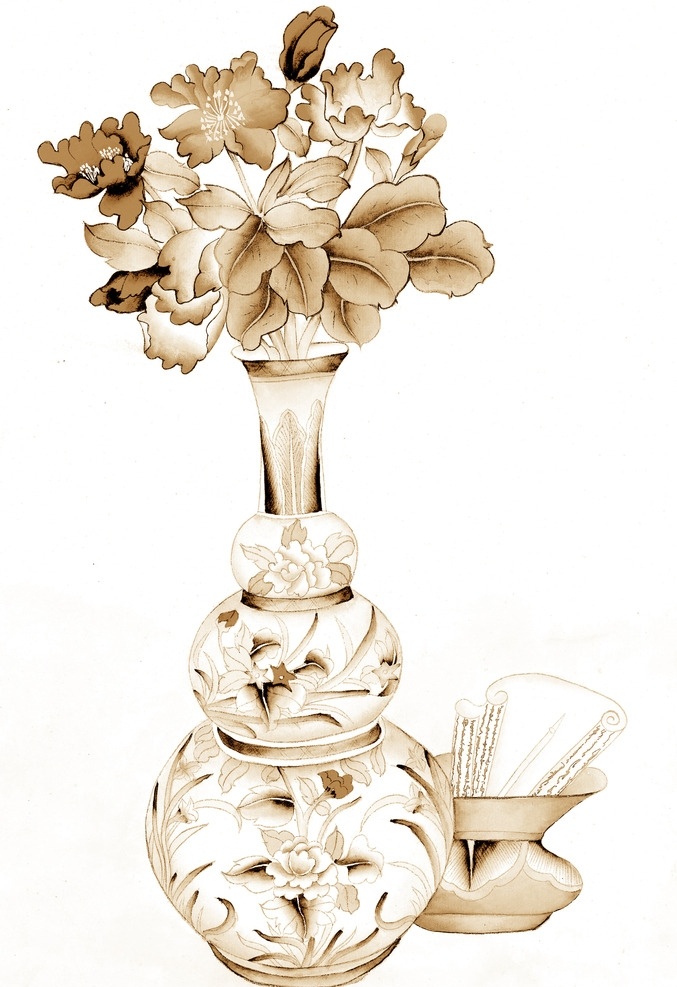 静物花瓶 陶瓷 青瓷 古典 花瓶 鲜花 国画 写意花卉 传统画 艺术画 古画 文化艺术 绘画书法