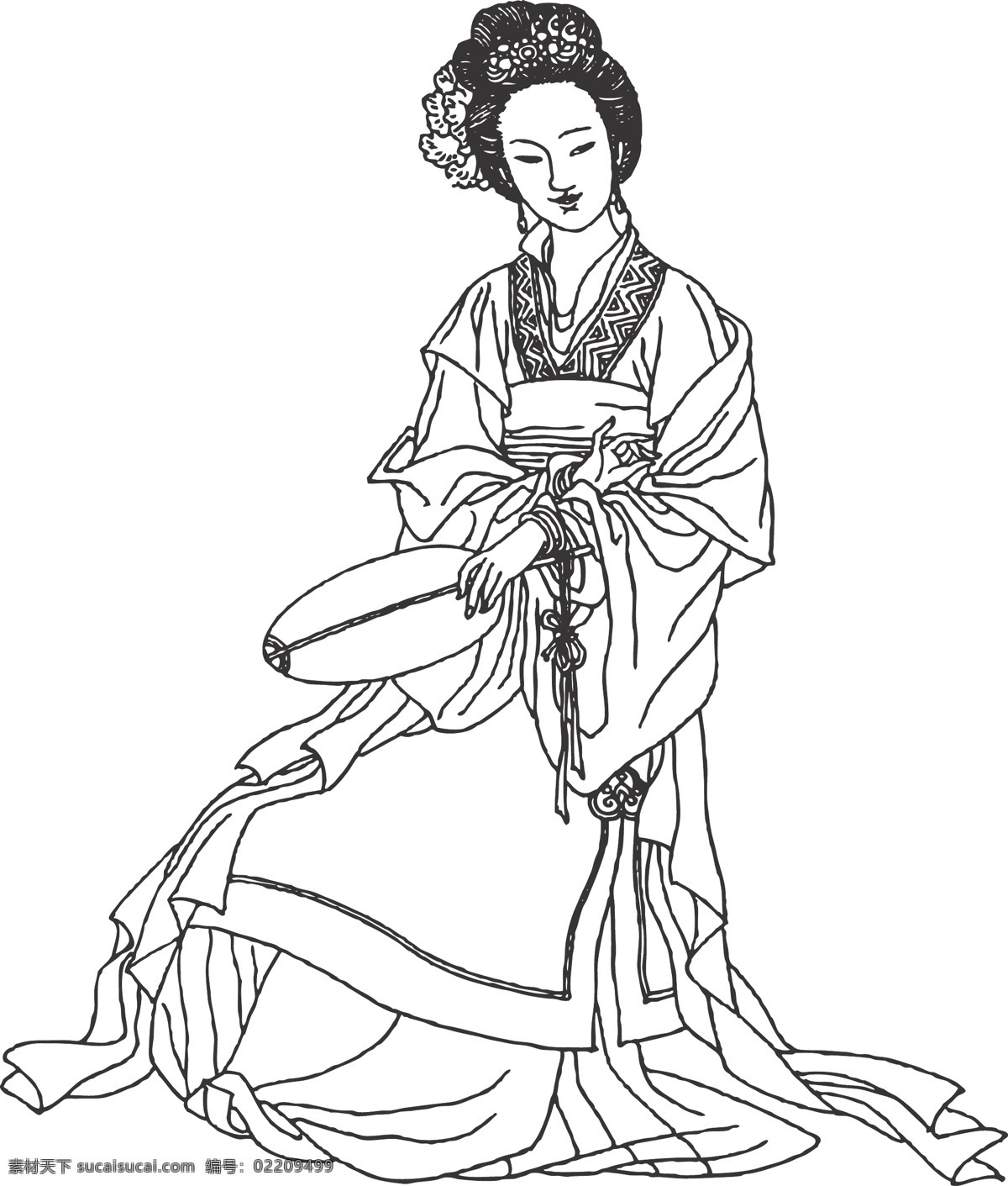 人物 女子 仙女 优雅 线条 适量 装饰 插画 白描 坐着 仕女白描图 人物图库 女性妇女