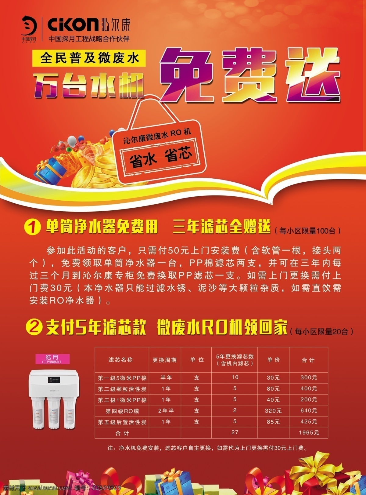 净水器宣传页 沁尔康 红色背景 净水器 礼品盒 免费送 dm宣传单