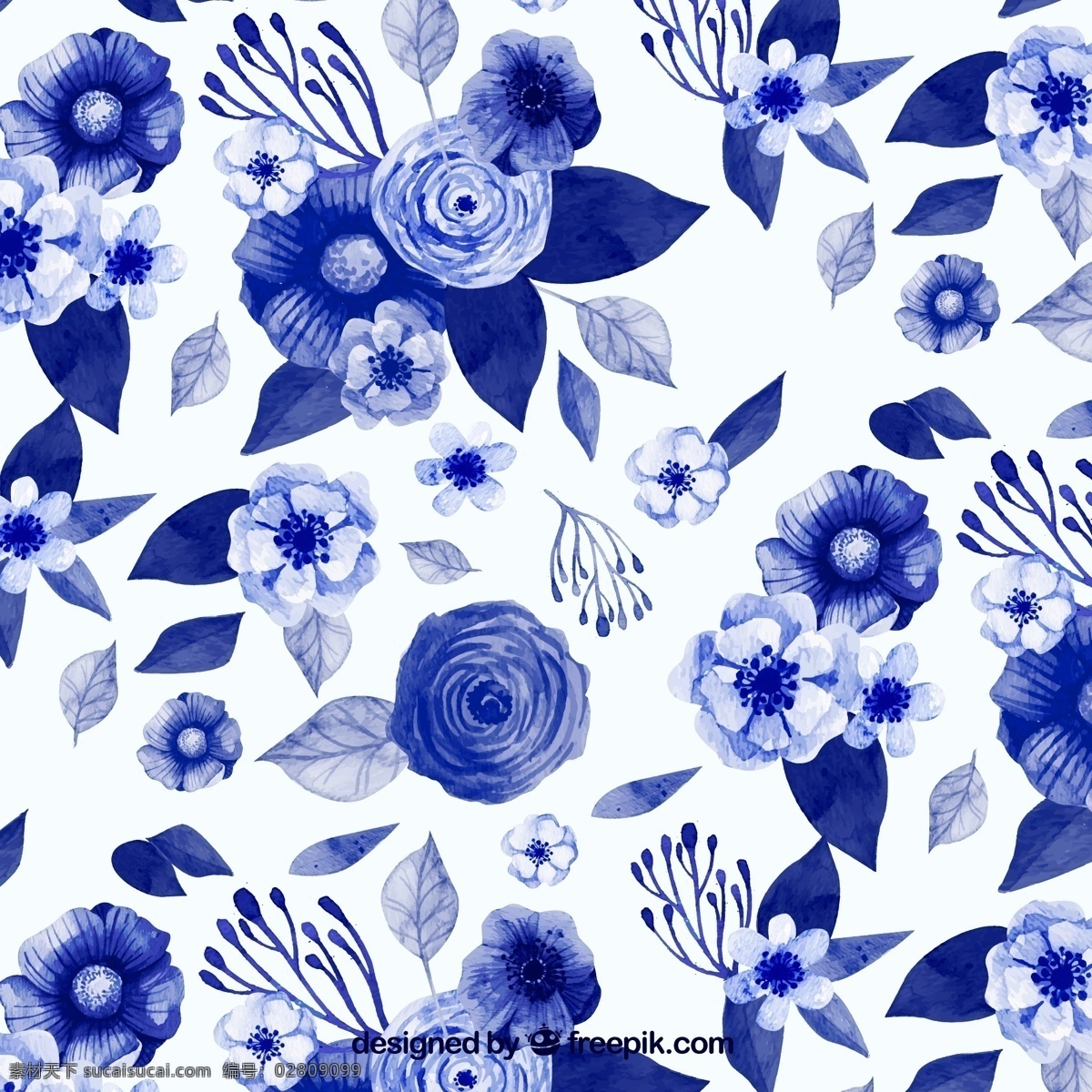 蓝色 水彩 花卉 图案 蓝色花卉图案 水彩花卉图案 花卉图案 装饰 服装