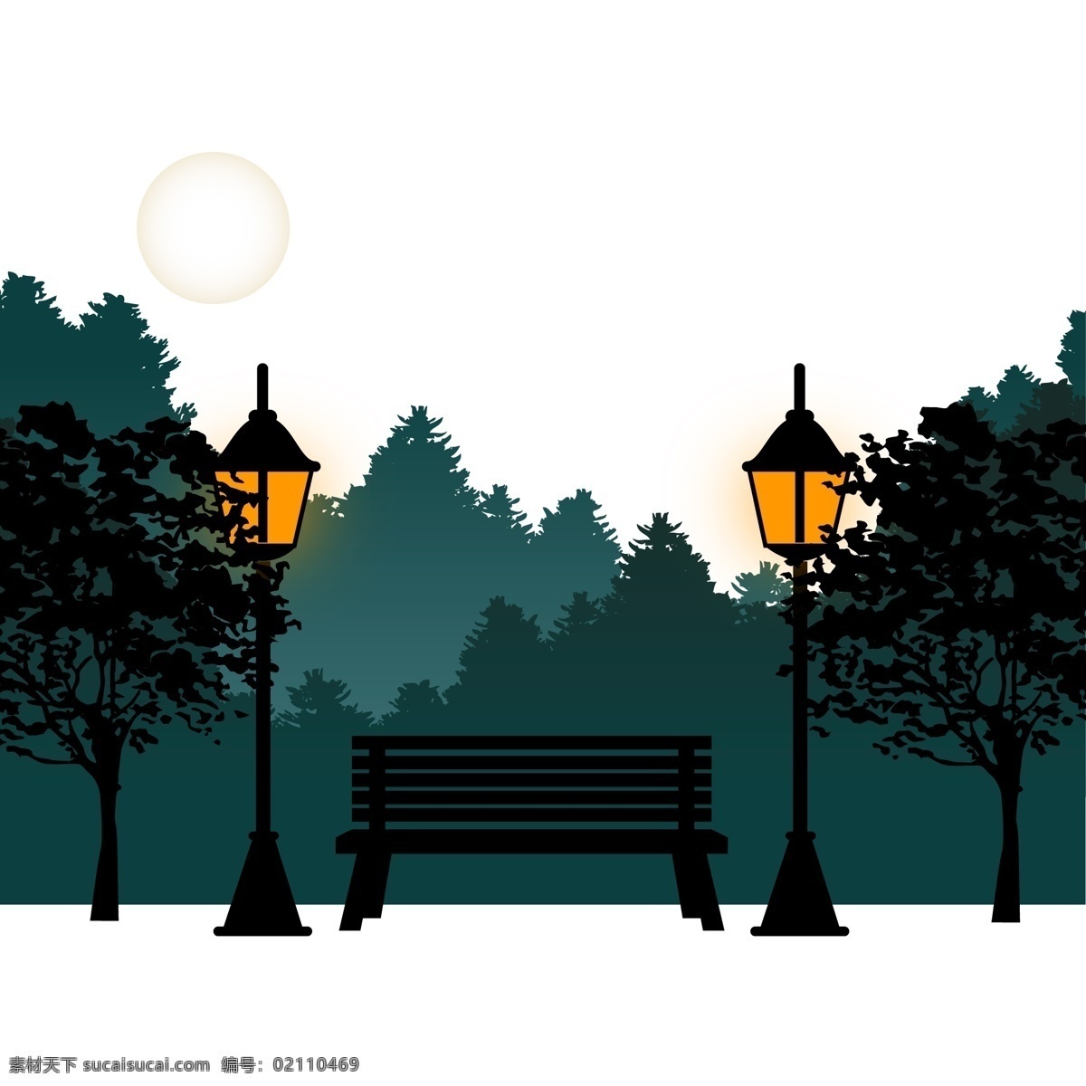公园 长椅 路灯 夜景 月亮 植物剪影 装饰图案