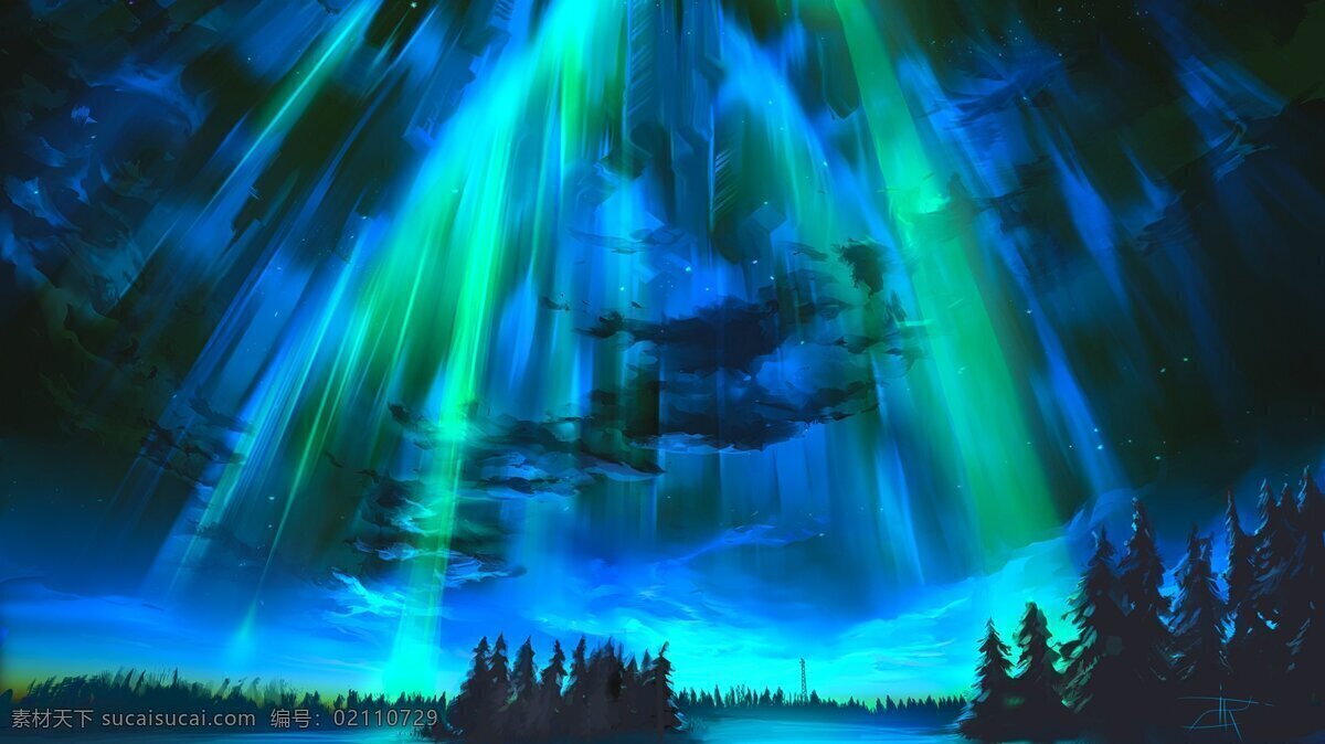 绿色极光素材 绿色 极光 北极 树林 夜晚 星空 梦幻 唯美 宇宙 星球 卡通 插画 装饰画 动画 场景 共享图