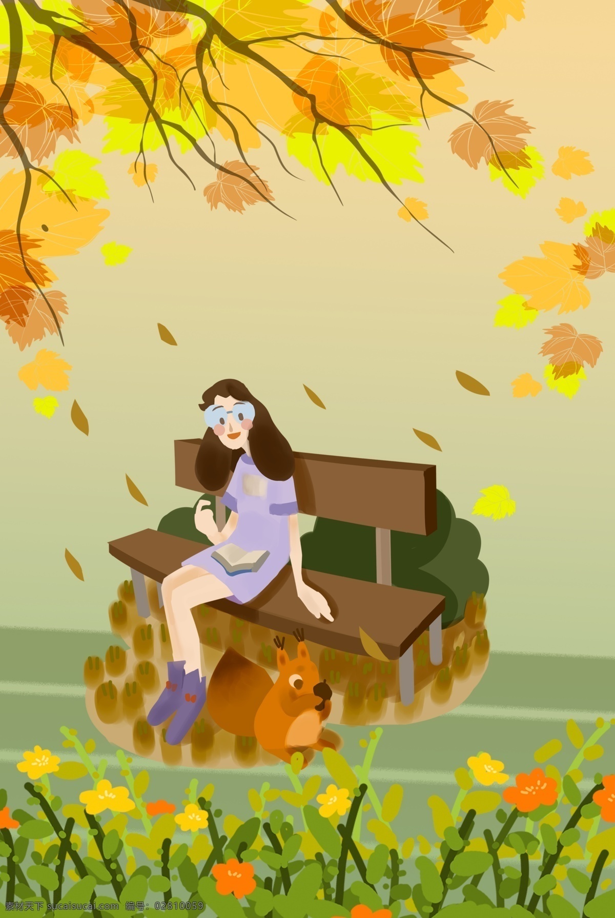 秋天 树下 长椅 上 女孩 松鼠 海报 背景 公园 秋叶树下 手绘 卡通背景 旅行 淘宝电商 展板展架