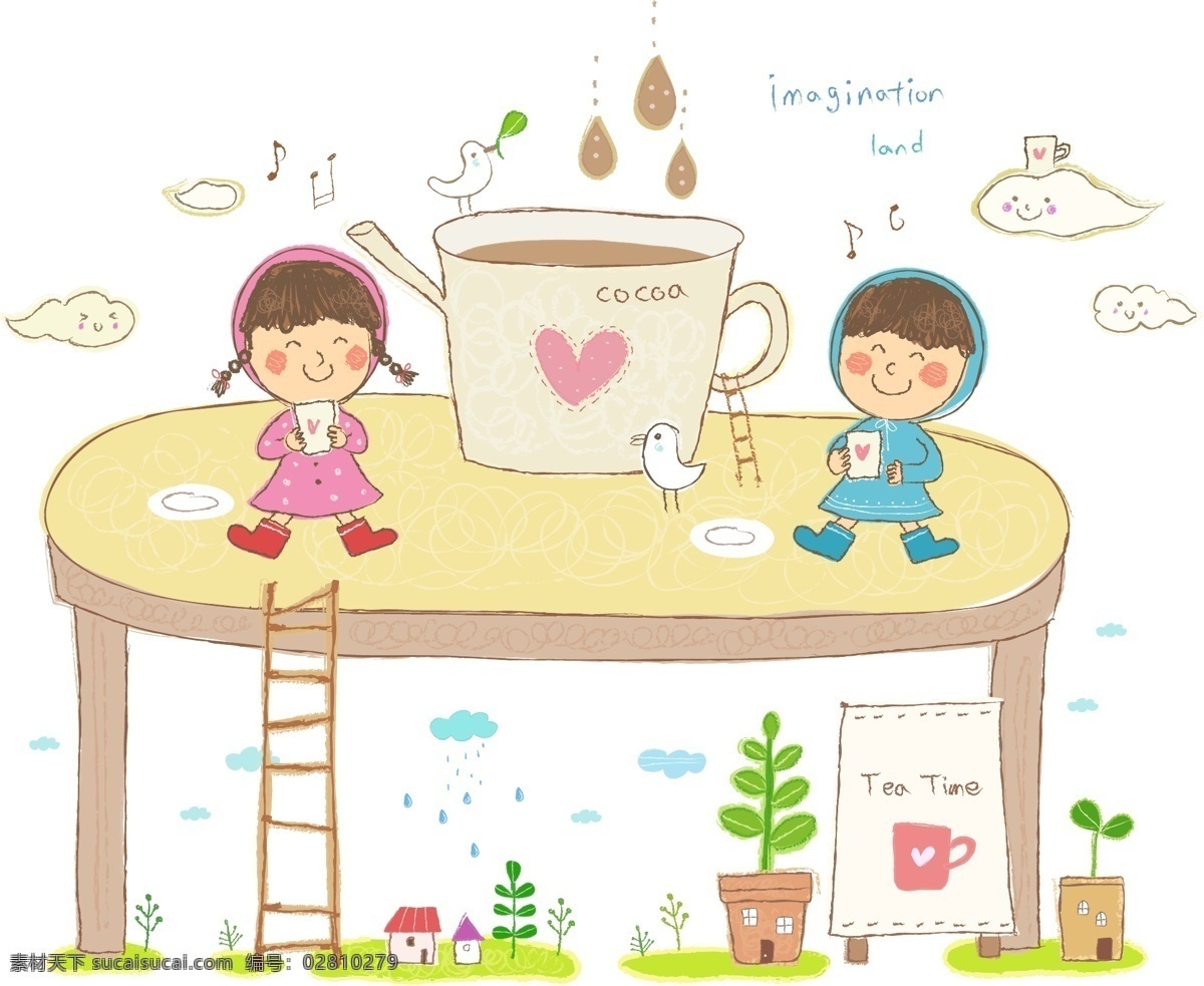 高台 上 喝 咖啡 孩子 梯子 咖啡杯 花盆 小花 小草 房子 云朵 小鸟 雨滴 插画 水彩 背景画 卡通 图画素材 童话世界 背景素材 卡通人物 儿童 儿童世界 卡通设计 幼儿卡通 矢量卡通插画 矢量素材 其他矢量 矢量