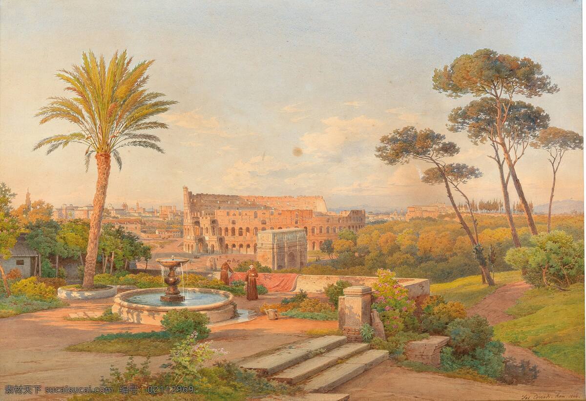 萨洛蒙 科罗迪作品 德国画家 意大利罗马 角斗场 夕阳西下 祖父 观景 19世纪油画 油画 文化艺术 绘画书法