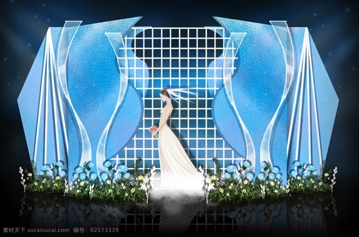 蓝色 曲线 玻璃 网格 婚礼 效果图 花艺 多层次 婚礼效果图