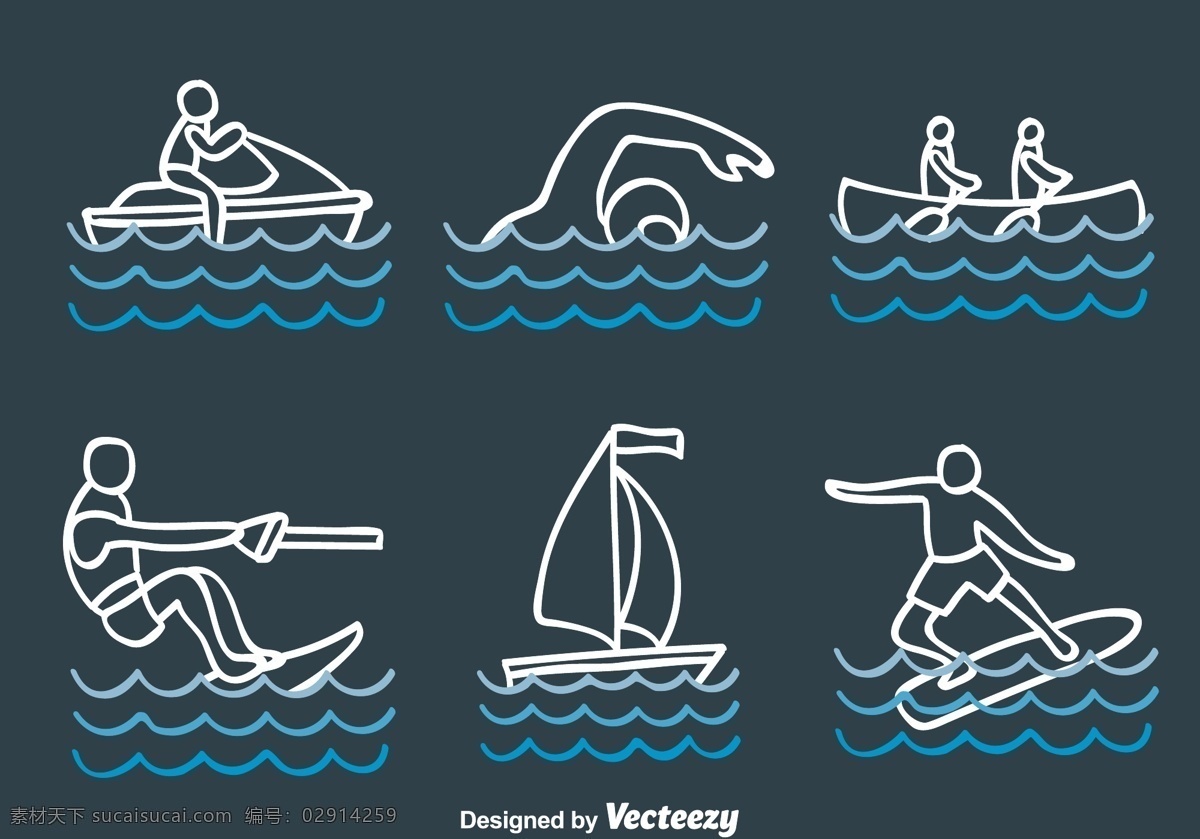线性 水上运动 图标 图标设计 运动图标 水上运动图标 矢量素材 游泳 水上摩托车 划船 冲浪 帆船