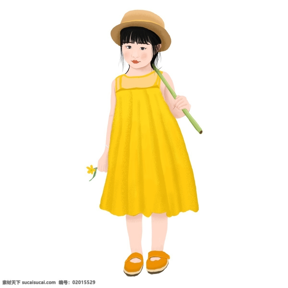手绘 穿 黄色 裙子 小女孩 黄色裙子 花 女孩 可爱的女孩 可爱 黄裙子 漂亮 竹子 帽子 戴帽子的女孩 春天